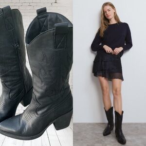 Brownie Women Black 100%Leather Western  Tall Cowboys Boots 75% Cotton